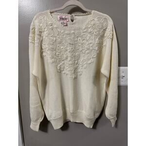 Jaclyn Smith Button Up Cardigan Cream Sweater LG VTG Granny Cottage Core Floral